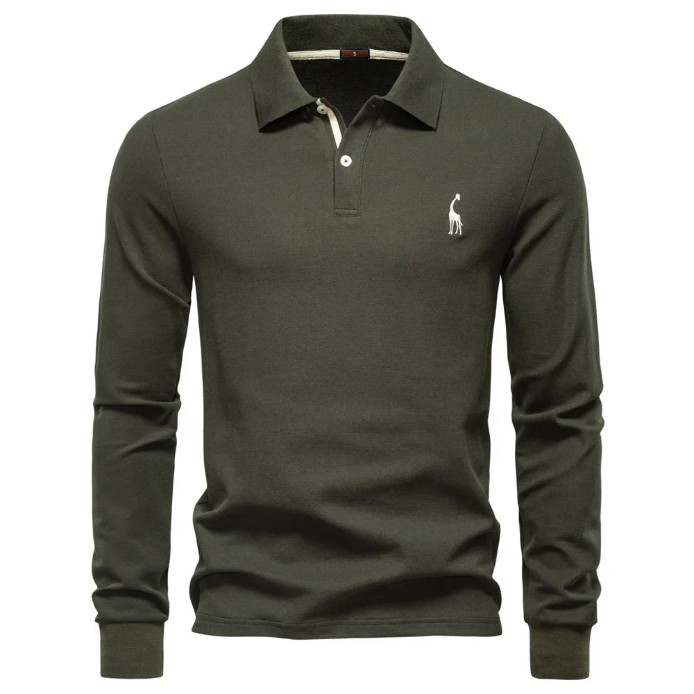 2025 Business Casual Polo Shirt Men Solid Color Long Sleeve Cotton Rich Blend Breathable Polos Male