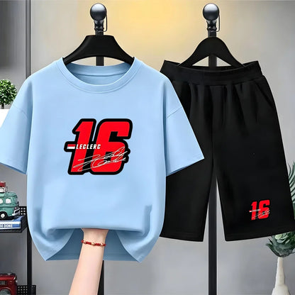 Summer Kids T-Shirt White Round Neck Tops+Shorts Boy Girl Charles Leclerc Racing Car No. 16 Clothing Sets Casual Cool Tees