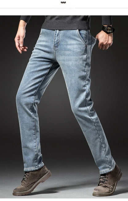 Winter Fleecy Thickened Warm Jeans Vintage Brand Classic Retro Youth Fashion Men Fit Straight Leg Casual Stretch Denim Pants
