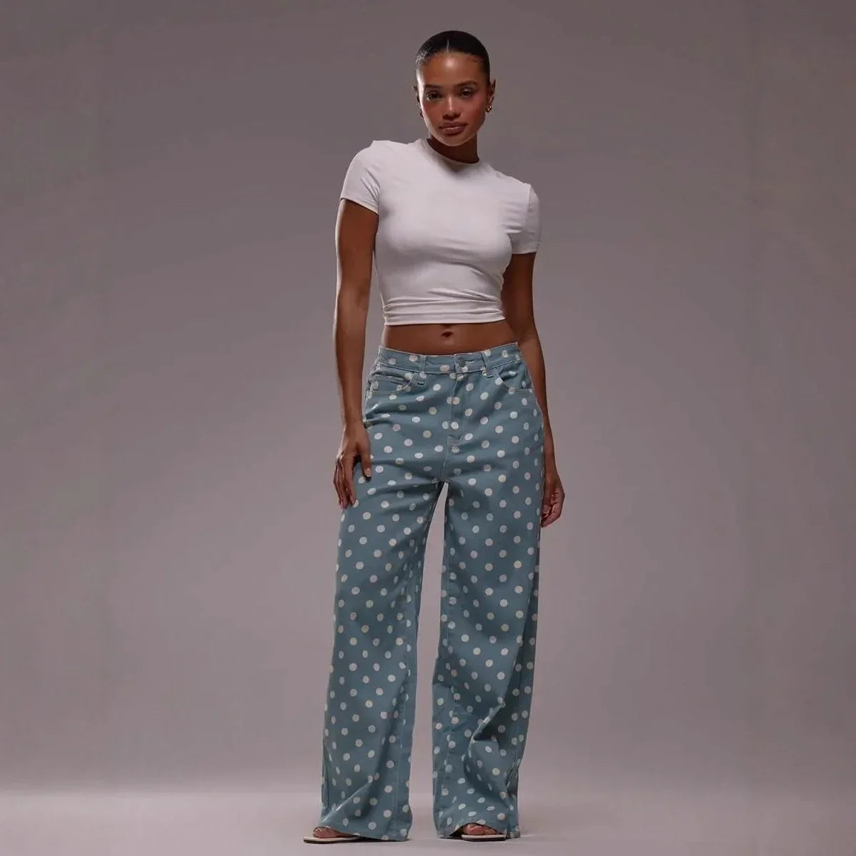 Spring Autumn High Wasit Jeans Pants Women 2026 Fashion Vintage Polka Dot Print Wide Legging Denim Trousers Bottoms Casual