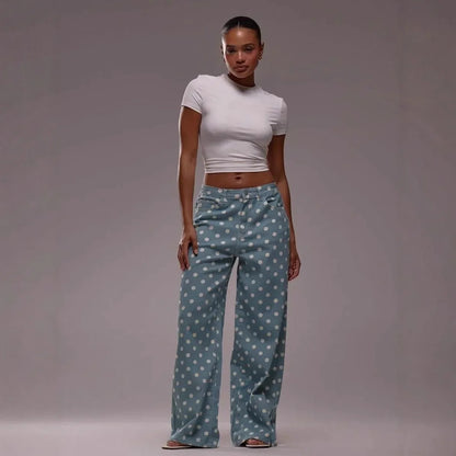 Spring Autumn High Wasit Jeans Pants Women 2026 Fashion Vintage Polka Dot Print Wide Legging Denim Trousers Bottoms Casual