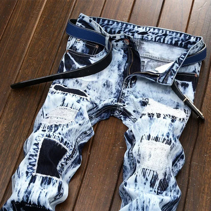 Men's Embroidered Patchwork Ripped Jeans (without Belt) Slim Fashion High Street Motorcycle Denim Pants Male Designer Clothes