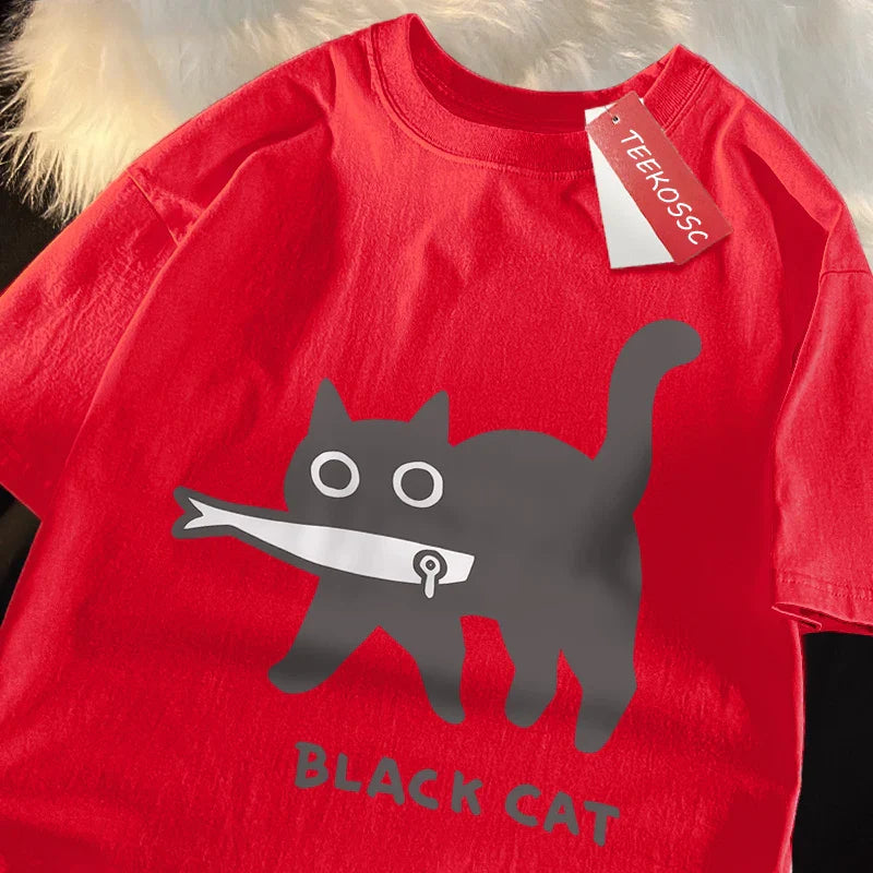 Fun A Black Cat Eating Fish Japanese Style Men Women T-Shirt Fashion Print T Shirt Breathable Oversize T-Shirts Cotton Clothes
