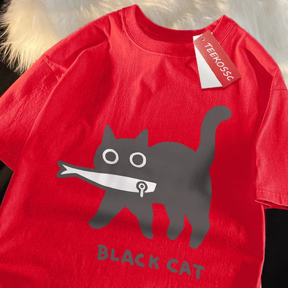 Fun A Black Cat Eating Fish Japanese Style Men Women T-Shirt Fashion Print T Shirt Breathable Oversize T-Shirts Cotton Clothes