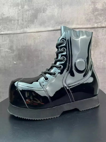 High Street Mens Round Tote High Top Cowhide Genuine Leather Ankle Boots Punk Style Stage Show Shoes Platform Work Safty Shoes