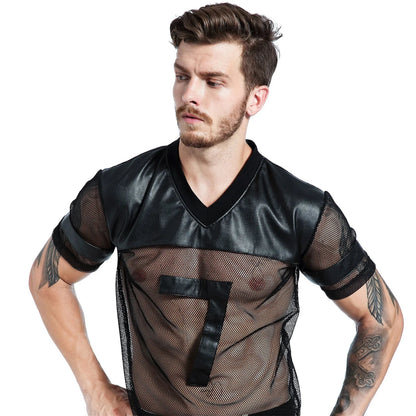 Sexy Men Fishnet T-Shirt PU Faux Leather Mesh Shirts See Through Tops Tee Transparent Short Sleeve Stage Clubwear