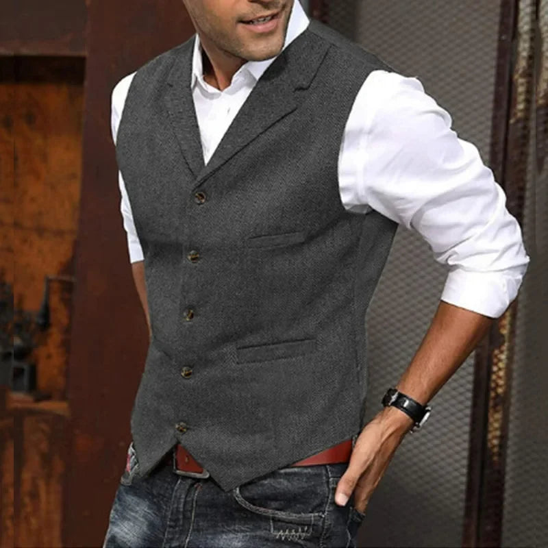 New Plus Men's Herringbone Tweed Wool Suit Vest British Retro Lapel Single Breasted Waistcoat Male Boutique Slim Fit Dress Vests