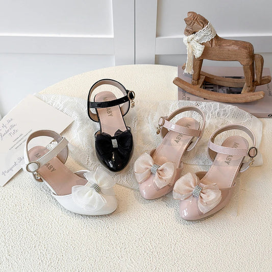 Girls Sandals Fashion Bow Girls High Heels Pink Kid Non-slip Princess Performance Shoes 3-18 Years Old Children's Leather Shoes