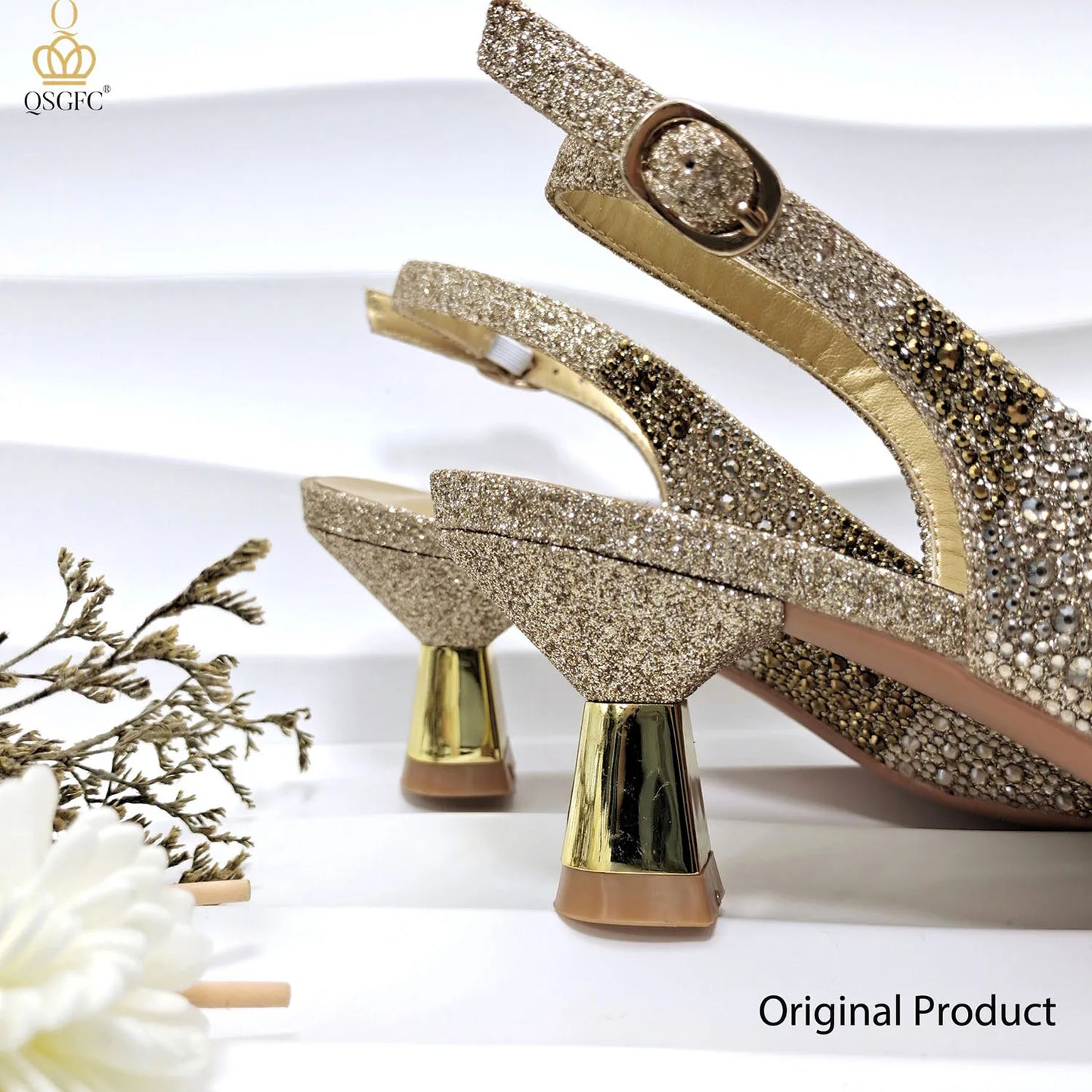 Gold Color Elegant Women Heels Shoes and Bag Set Hollow Rhinestones  High Heels Wedges Shoes Matching Bag