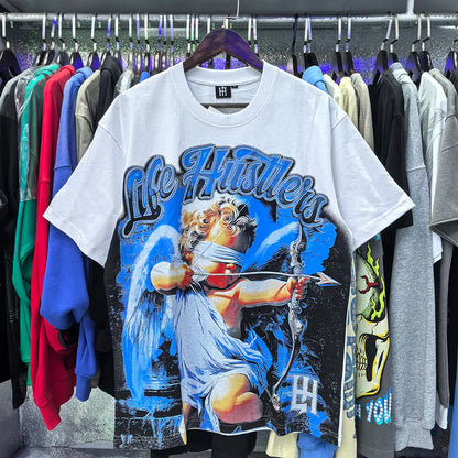 Masked Tattoo Angel Gun Diamond Short Sleeve Tshirts for Men and Women Crew Neck Cotton Summer Top Tees Oversized