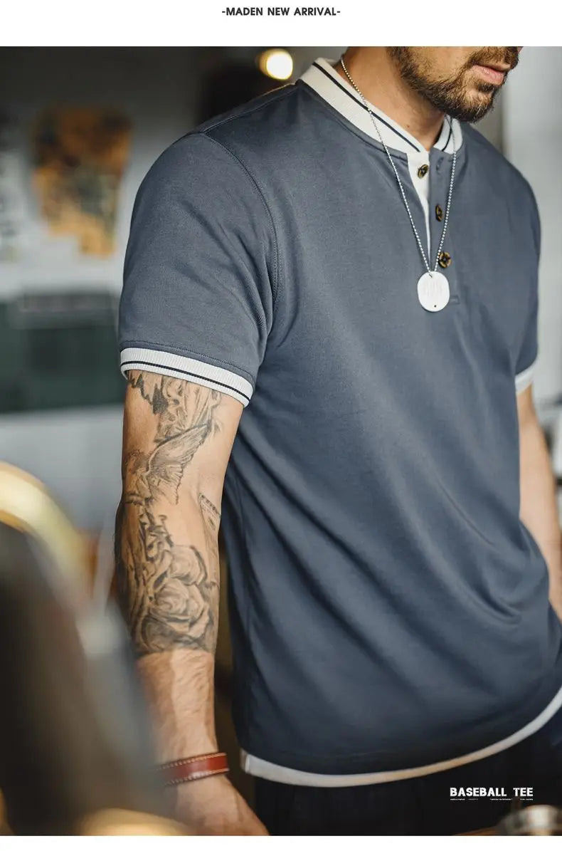 Maden Men's Vintage Baseball Short Sleeve Henley Shirt Heavyweight Contrast Embroidered Tee 100% Cotton Retro Summer T-shirts