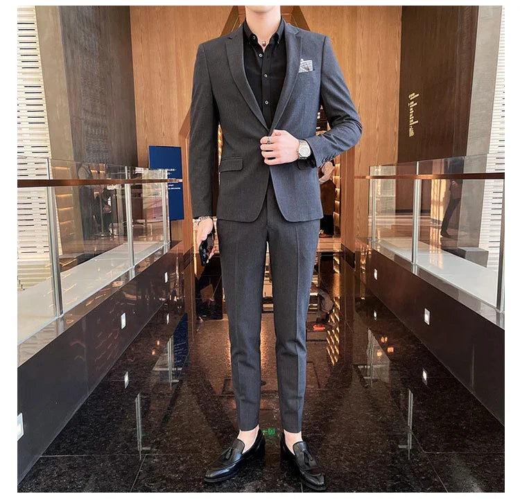 Men's Stylish Handsome Solid Color Suit Two-Piece Set M-4XL High Quality Formal Casual Banquet Fit Trousers Included