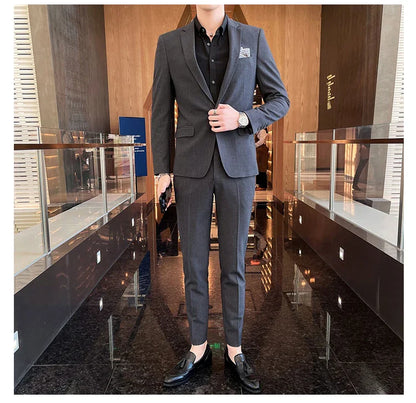 Men's Stylish Handsome Solid Color Suit Two-Piece Set M-4XL High Quality Formal Casual Banquet Fit Trousers Included