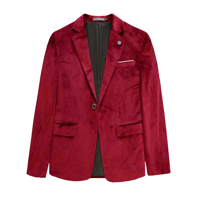2026 Men's Red Slim Suit Jacket, Long Sleeve Single Button Dress Coat, Asian Size Teenagers Blazers Blue Green Black Male Tops