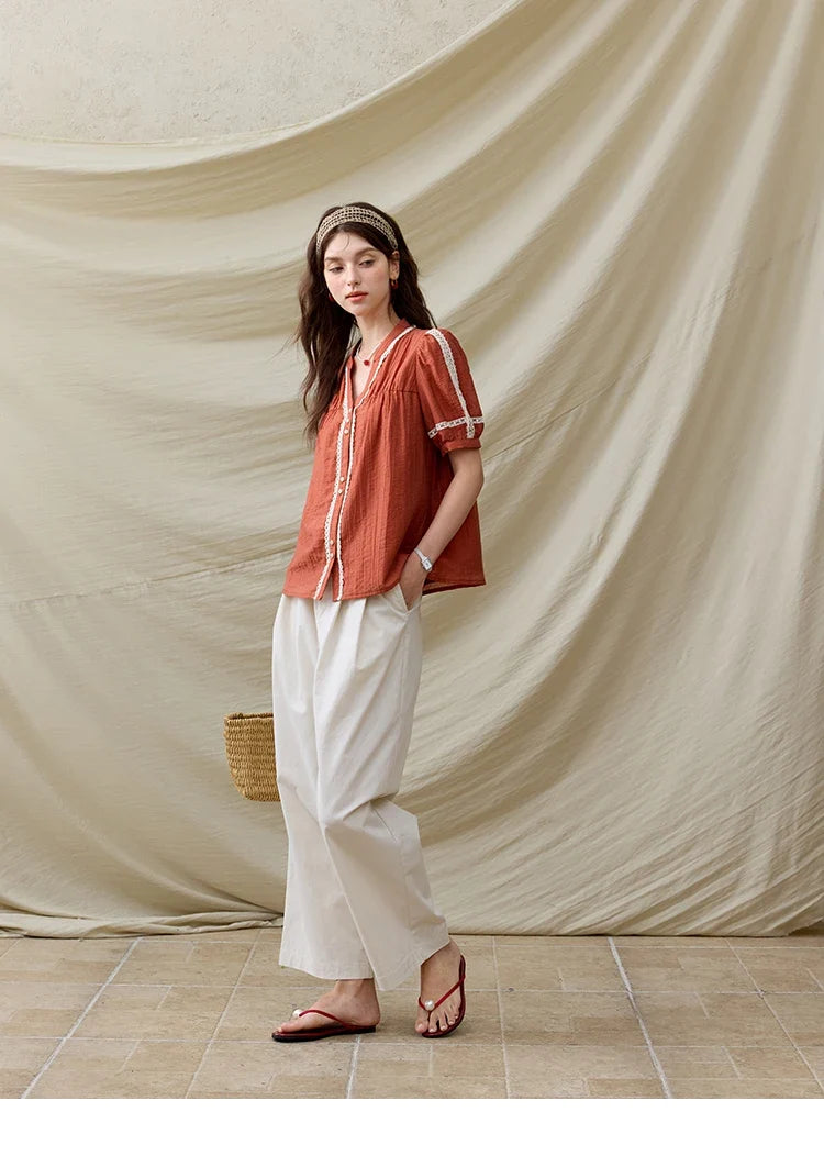 French New Blouses Women Summer New 2025 Short Sleeve V-neck Color Matching Shirts Female Fashion Lazy Style MXE31X1766