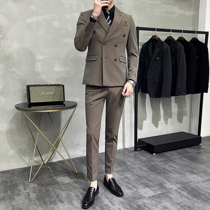 2025 High-quality Korean Version Slim-fit Business (Suit + Vest + Trousers) Striped Double-breasted Suit Three-piece Set
