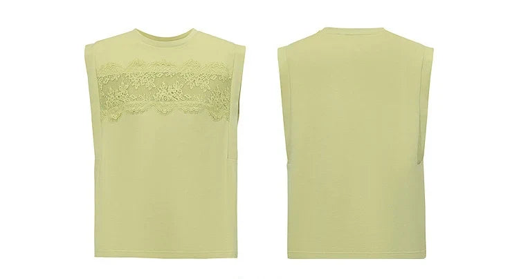 Women's Top 2026 Summer New Round Neck Lace Trim 100% Cotton Tank Tee Loose Casual Sleeveless T-Shirt For Women 12622139