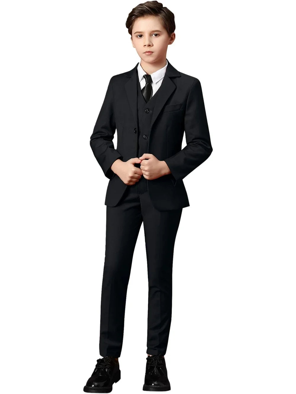 Boys Solid Suit Set 3 Pieces Perfect For Parties Smart Elegant Notched Lapel Kids Suits Wedding Ring Bearer Outfit 2-20T