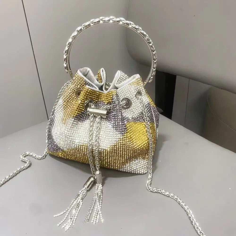 Rhinestones Diamond Evening Clutch Bag Luxury Designer Metal Ring Women's Handbag Wedding Party Bling Bucket Purse Shoulder Bag