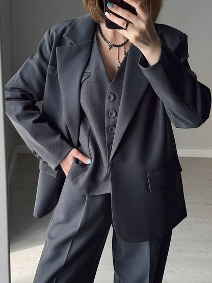 Women Blazers Grey Autumn Outerwears Office Jackets Ladies Coat Long Sleeve Pockets Black Blazers For Women Casual Long Jackets