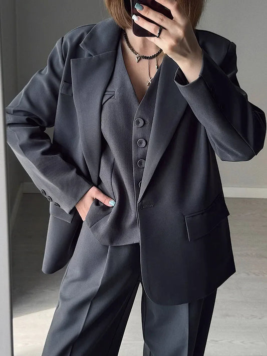Women Blazers Grey Autumn Outerwears Office Jackets Ladies Coat Long Sleeve Pockets Black Blazers For Women Casual Long Jackets