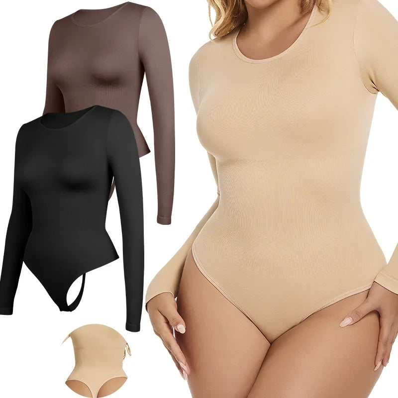 Women Full Body Shaper Long Sleeve Round Neck Shapewear Slimming Breathable Bodysuit Tummy Control Waist Trainer Corset