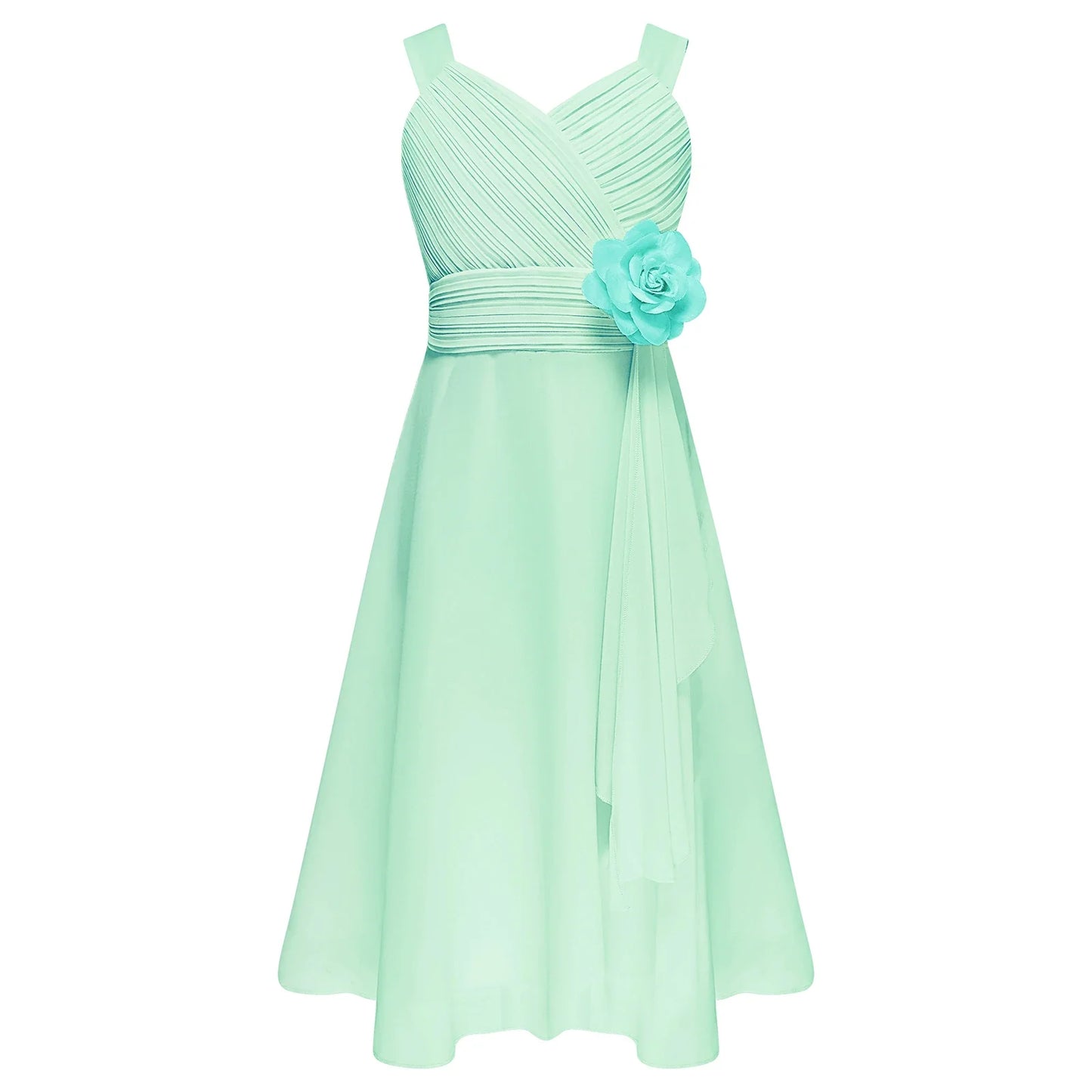 Summer Fashion Flower Girls Dress Wedding Birthday Party Kids Chiffon Dress Sleeveless Ruched Bodice Elegant Princess Dress