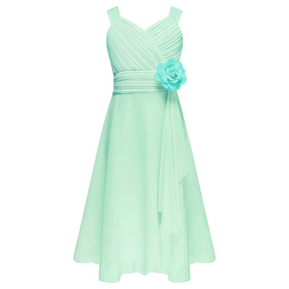 Summer Fashion Flower Girls Dress Wedding Birthday Party Kids Chiffon Dress Sleeveless Ruched Bodice Elegant Princess Dress