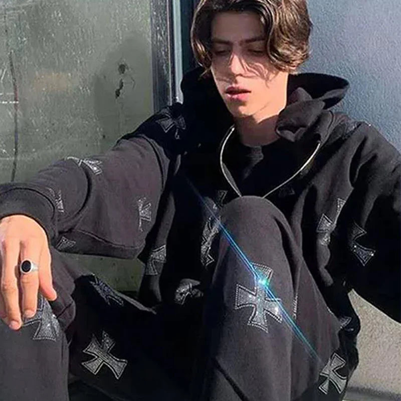 Gothic Long Sleeve Rhinestone Skeleton Hoodie Y2k Jacket Men Hoodies Oversized Full Zip Hoodie Goth Sweatshirt Sport Coat Autumn