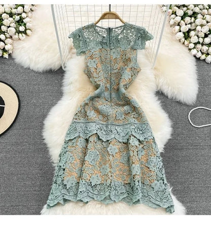 Retro Court Sle round Ne Fly Sve Slimming Soluble Hook Flower Hollow A-Line Dr Summer New Arrival Women's Faion