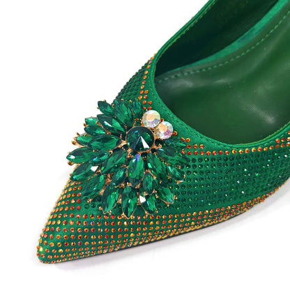 2024 Italian Design Rhinestone Luxury Wine Colour Pointed Toe Shoe & Bag Set Women's High Heels for Parties By Venus Chan