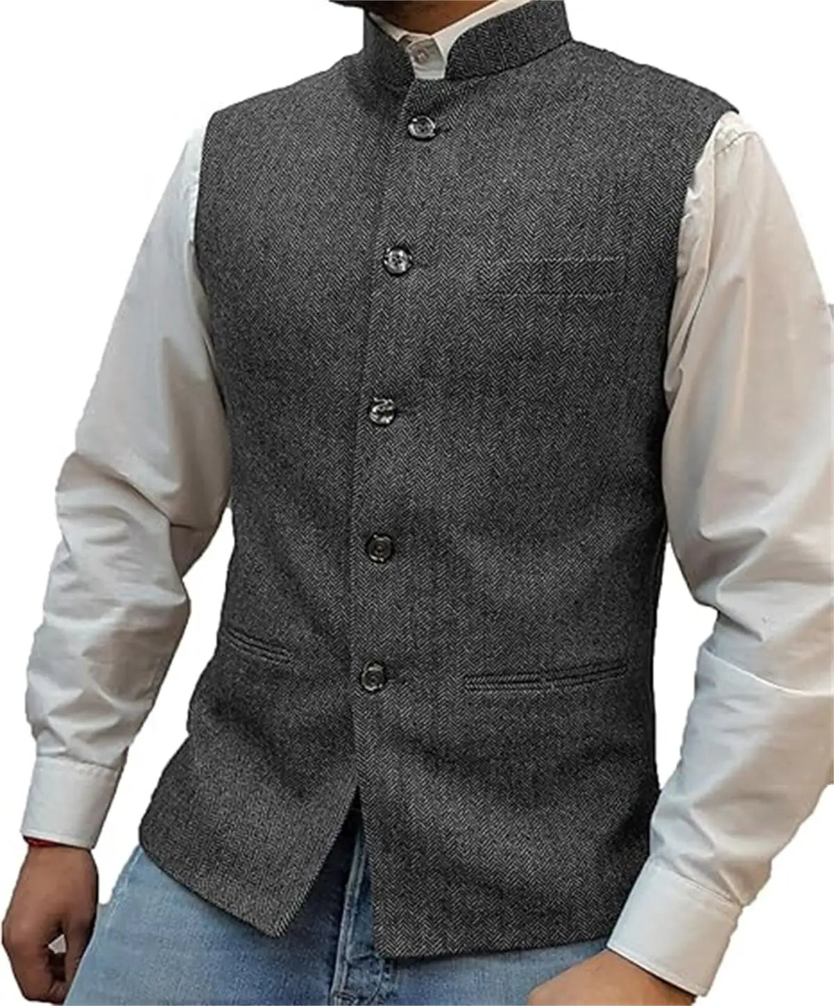 Mens Suit Tweed Vest Stand Collar Single Breasted Herringbone Sleeveless Waistcoat Casual Business Wedding Party Outerwear Gilet