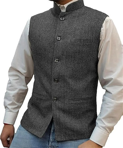 Mens Suit Tweed Vest Stand Collar Single Breasted Herringbone Sleeveless Waistcoat Casual Business Wedding Party Outerwear Gilet