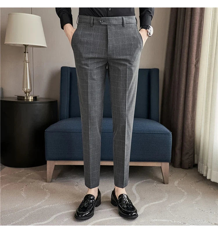 2026 High Quality Men's Plaid Striped Suit Pants Fashion Business Slim Fit Casual Straight Pants Formal Wedding Party Trousers