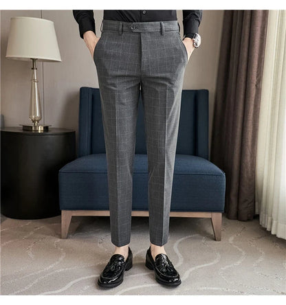 2026 High Quality Men's Plaid Striped Suit Pants Fashion Business Slim Fit Casual Straight Pants Formal Wedding Party Trousers