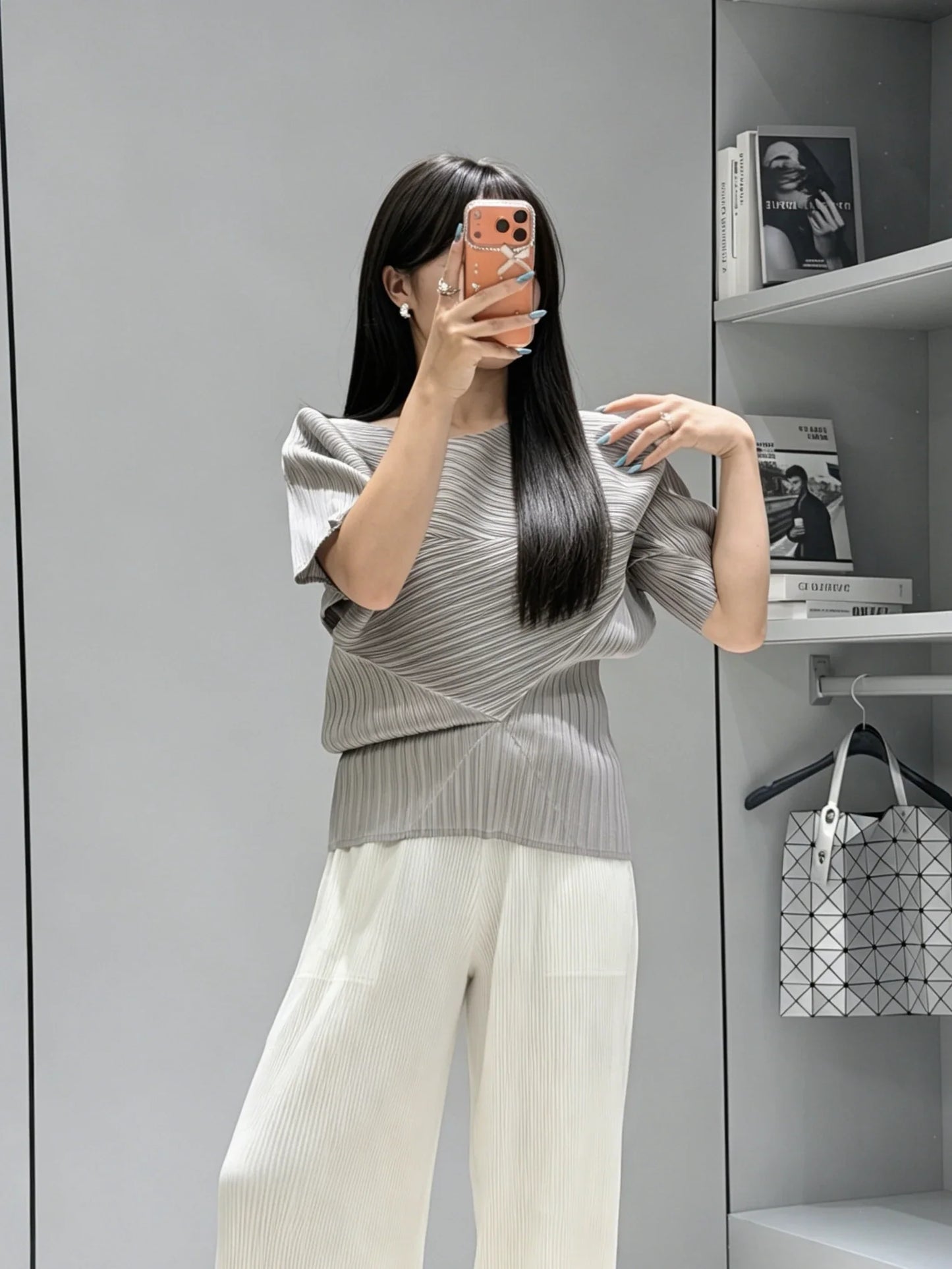 Vibrant Cyan Blue Miyake Pleated Asymmetric Short Sleeve Top, Irregular Hem Women's Casual All Match Modern Stylish Blouse