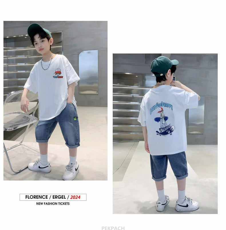 Teens Boy New Summer Clothing Set Cartoon Outfit Children Casual Short Sleeve T-shirt + Denim Shorts 2 Pieces Clothes Tracksuit