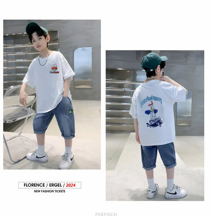 Teens Boy New Summer Clothing Set Cartoon Outfit Children Casual Short Sleeve T-shirt + Denim Shorts 2 Pieces Clothes Tracksuit