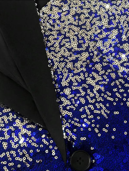 Shiny Sequin Tuxedo Jacket for Men - Royal Blue & Gold Gradient, Black Lapel, Formal Party/Wedding/Stage Wear‌ Coat.