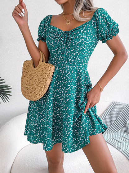 Women Casual Square Neck Flare Short Sleeve Floral Dress Elegant A Line Dress for Spring Summer 2026 Fashion Woman Clothing