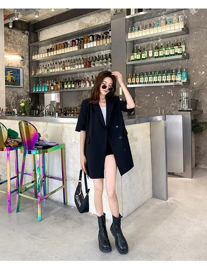 Korean Fashion Loose Thin Blazer Women Spring Autumn New Extra Large Mid Length Short Sleeved Women Coat Casual Outwear