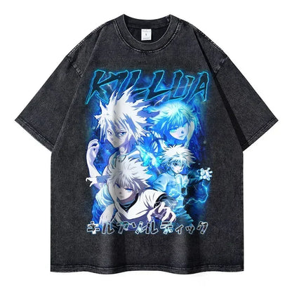 T-shirts Vintage Washed Anime Hunter T Shirt Oversize Manga Killua Zoldyck Gon Hisoka Chrollo Tops Tees Men 100% Cotton