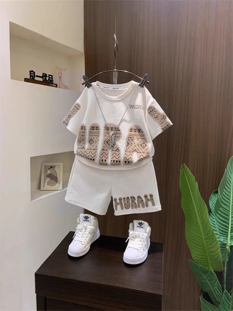 Summer Boys Cotton Leisure Print Alphabet T-Shirt+Shorts Pant Set School Kids 2PCS Tracksuit Children Sportswear Outfit 5-16 Yrs
