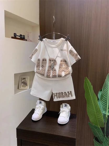 Summer Boys Cotton Leisure Print Alphabet T-Shirt+Shorts Pant Set School Kids 2PCS Tracksuit Children Sportswear Outfit 5-16 Yrs
