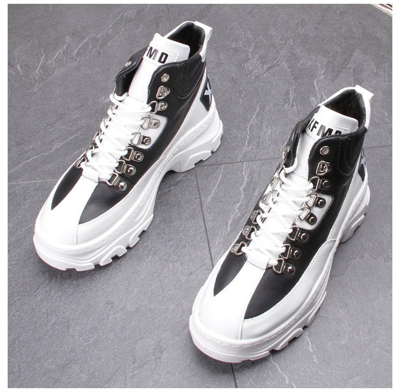 White High Top Board Boots for Men Thick Soled Men Boots with Elevated Height Inside Outdoor Casual Versatile High-top Shoes
