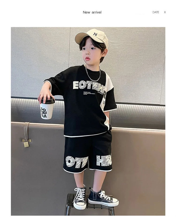 Summer Boys Contrast Patchwork Alphabet Waffle Tee Tops+Shorts Pant School Kids Tracksuit Child 2PCS Outfit Workout Set 5-16 Yr