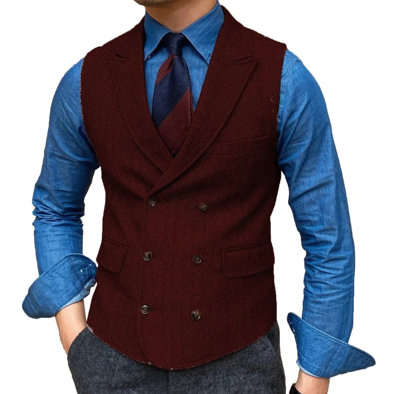 Men Vest Brown Herringbone With Lapel Waistcoat Vintage Regular Slim Business Banquet Business Casual Men Suit Vest