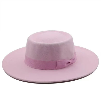 9.5cm Brim Round Top Hat Solid Color Fedoras Bow Flat Top Boater Style Panama Hats for Women Men Party Wedding Church Felt Caps