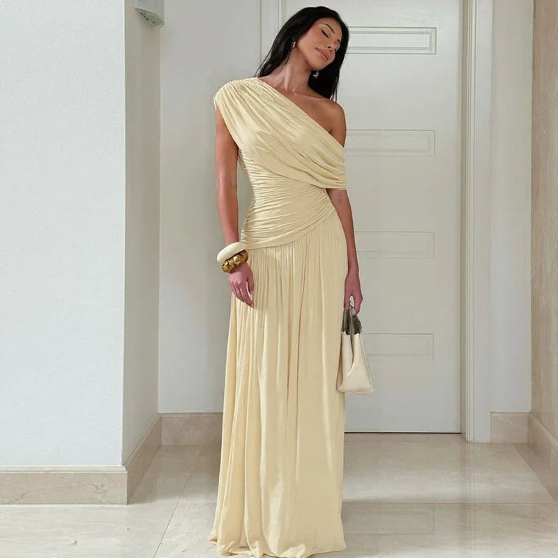 One Shoulder Ruched Sleeveless Solid Pleated Sexy Irregular Y2K Maxi Dress Summer Elegant Party Women Clothes Vacation