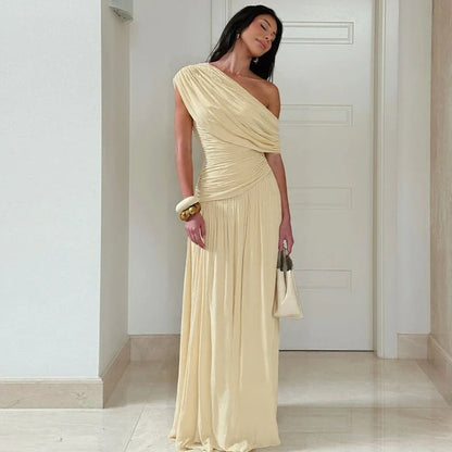 One Shoulder Ruched Sleeveless Solid Pleated Sexy Irregular Y2K Maxi Dress Summer Elegant Party Women Clothes Vacation